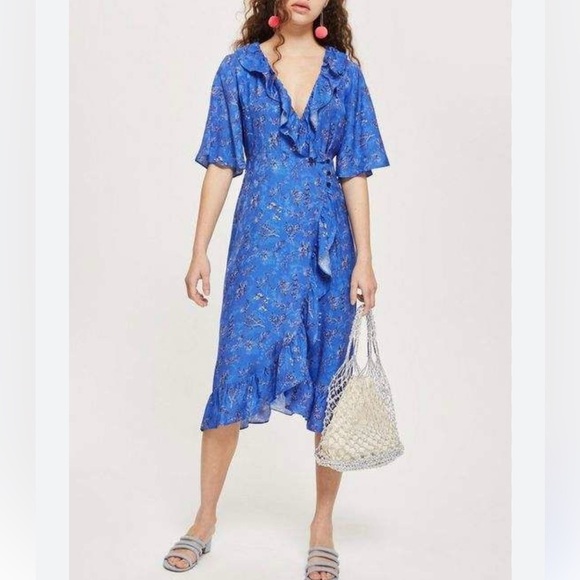 Topshop Blue Dainty Floral Feminine Midi Short Sleeve Wrap Sundress size XS - Picture 1 of 10